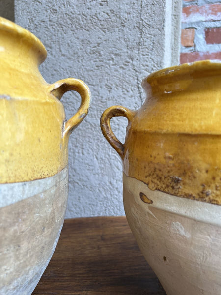 19th century PAIR Set 2 French Confit Pot Yellow Glazed Pottery Provincial