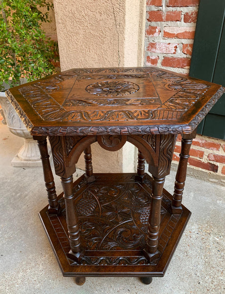 19th century French Carved Oak Center Side Table Hexagon Two Tier Shelf