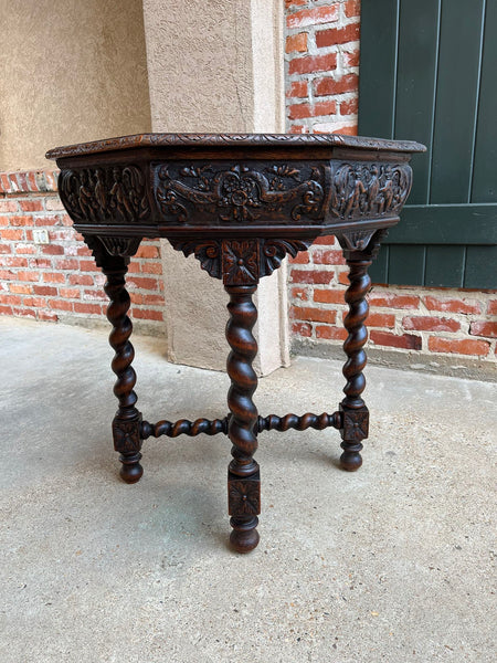 Antique French Octagon Sofa Table Carved Oak Barley Twist Louis XIII Renaissance