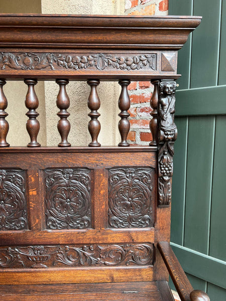 19th century French Hall Bench Settle Renaissance Carved Oak Cherub Black Forest