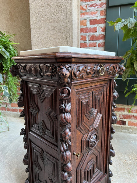 19th century French Louis XIII Cabinet Pedestal Table White Marble Carved Oak