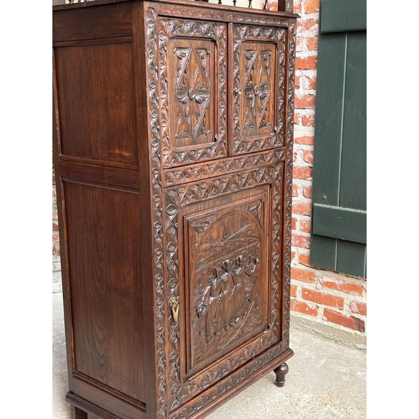 Antique French Carved Chestnut Cabinet Bonnetiere Armoire Breton Brittany