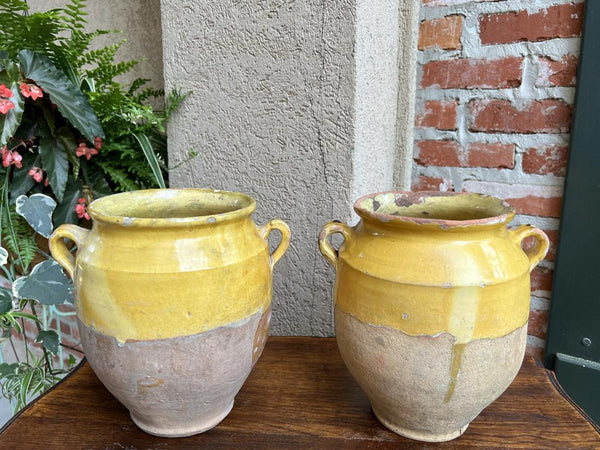 19th century PAIR Set 2 French Confit Pot Yellow Glazed Pottery Provincial