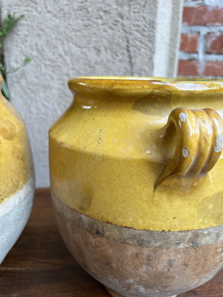 19th century PAIR Set 2 French Confit Pot Yellow Glazed Pottery Provincial
