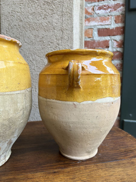19th century PAIR Set 2 French Confit Pot Yellow Glazed Pottery Provincial