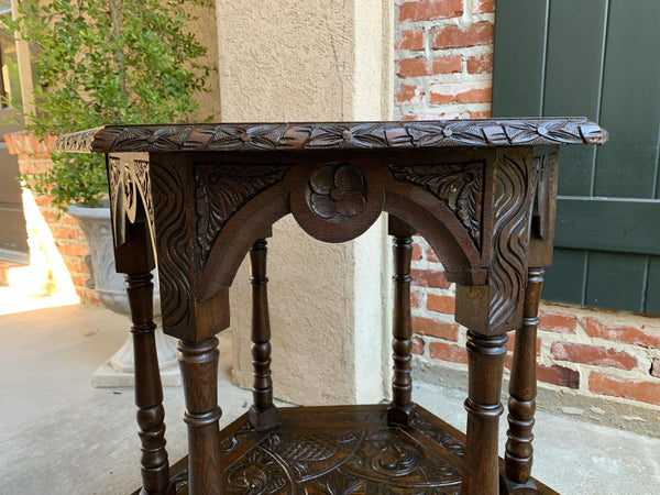 19th century French Carved Oak Center Side Table Hexagon Two Tier Shelf