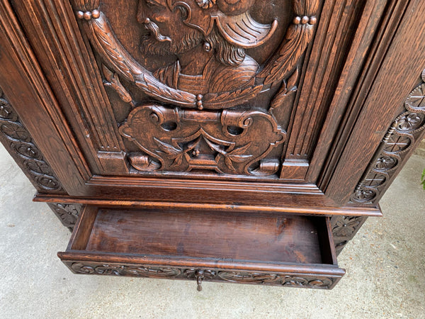 Antique French Carved Oak Storage Cabinet Renaissance Roman Centurion 19th cent