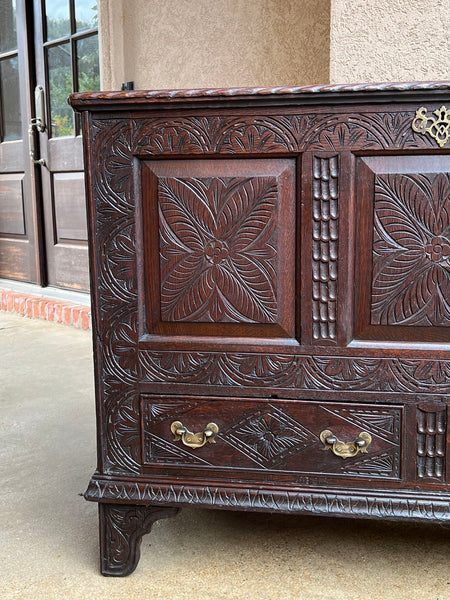 19th century Antique English Trunk Coffer Blanket Chest Carved Oak Foyer Table