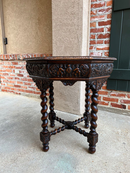 Antique French Octagon Sofa Table Carved Oak Barley Twist Louis XIII Renaissance