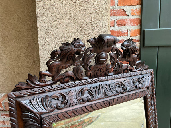 Antique French Pier Wall Mirror Renaissance Black Forest Lion Crest Carved Oak