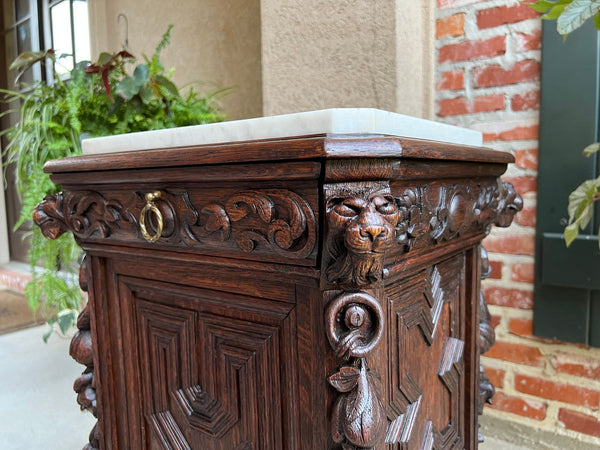 19th century French Louis XIII Cabinet Pedestal Table White Marble Carved Oak