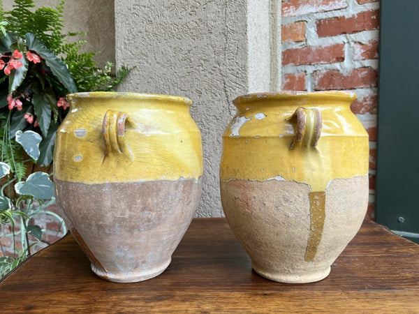 19th century PAIR Set 2 French Confit Pot Yellow Glazed Pottery Provincial