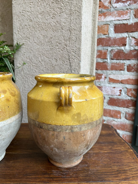 19th century PAIR Set 2 French Confit Pot Yellow Glazed Pottery Provincial