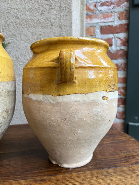 19th century PAIR Set 2 French Confit Pot Yellow Glazed Pottery Provincial