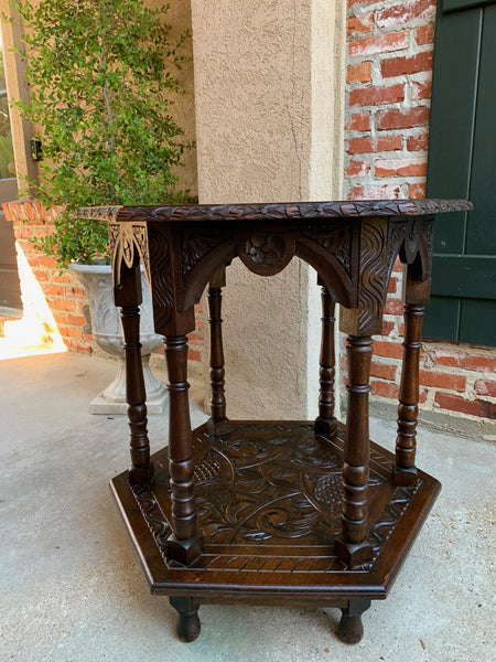 19th century French Carved Oak Center Side Table Hexagon Two Tier Shelf
