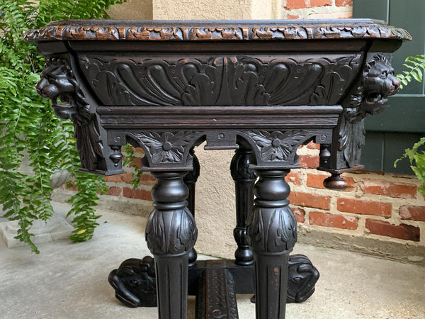 Antique Petite French Carved Oak Dolphin Table Desk Renaissance Gothic 19th c