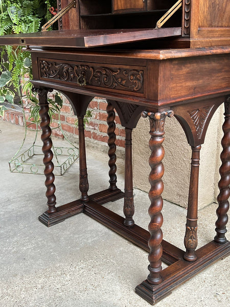 19th century French Carved Secretary Petite Writing Desk Barley Twist Louis XIII