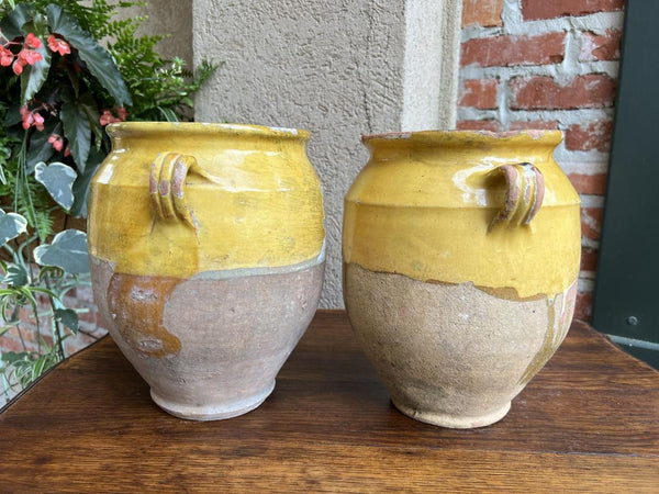 19th century PAIR Set 2 French Confit Pot Yellow Glazed Pottery Provincial