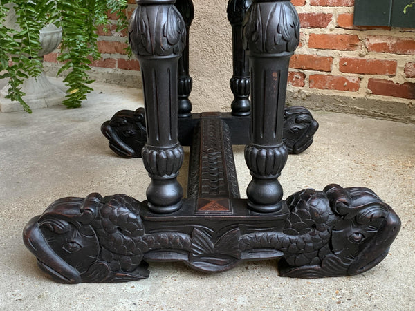 Antique Petite French Carved Oak Dolphin Table Desk Renaissance Gothic 19th c