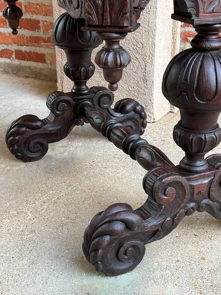 19th century Petite English Sofa Table Library Desk Renaissance Carved Oak