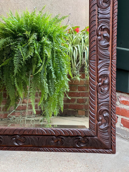 Antique French Pier Wall Mirror Renaissance Black Forest Lion Crest Carved Oak