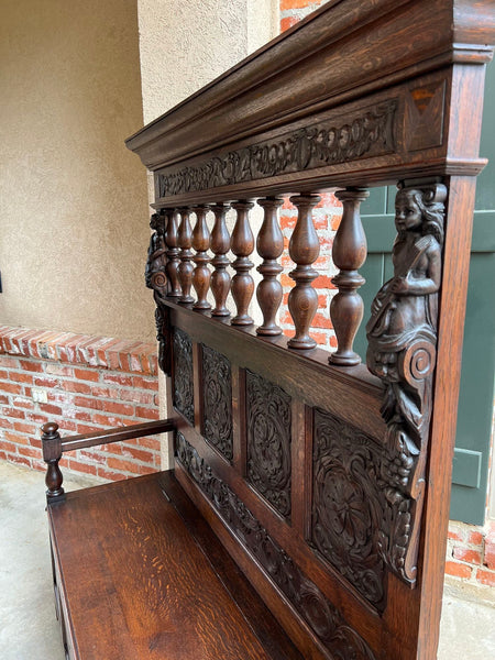 19th century French Hall Bench Settle Renaissance Carved Oak Cherub Black Forest