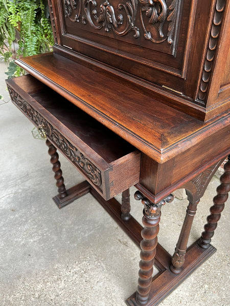 19th century French Carved Secretary Petite Writing Desk Barley Twist Louis XIII
