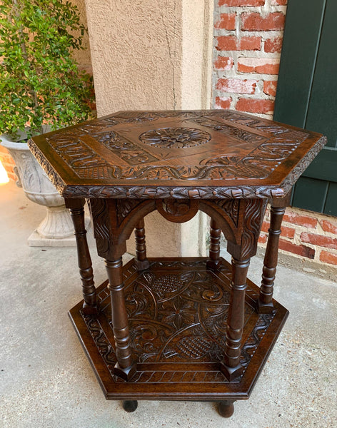 19th century French Carved Oak Center Side Table Hexagon Two Tier Shelf