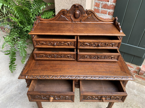 19th century Petite French Carved Oak Secretary Writing Desk Louis XVI Style