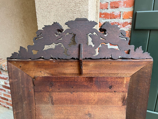 Antique French Pier Wall Mirror Renaissance Black Forest Lion Crest Carved Oak