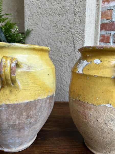 19th century PAIR Set 2 French Confit Pot Yellow Glazed Pottery Provincial