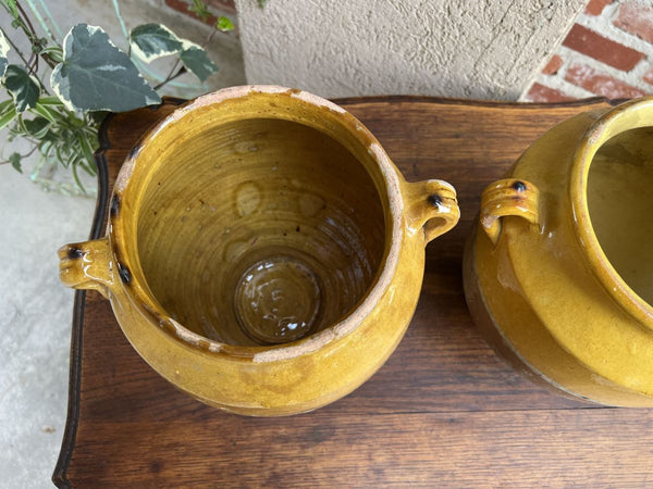 19th century PAIR Set 2 French Confit Pot Yellow Glazed Pottery Provincial
