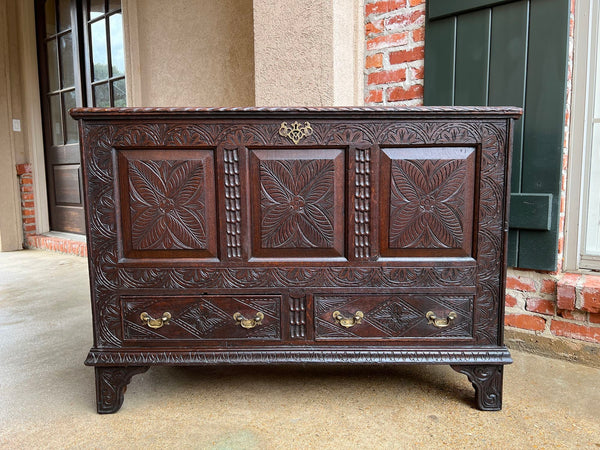 19th century Antique English Trunk Coffer Blanket Chest Carved Oak Foyer Table