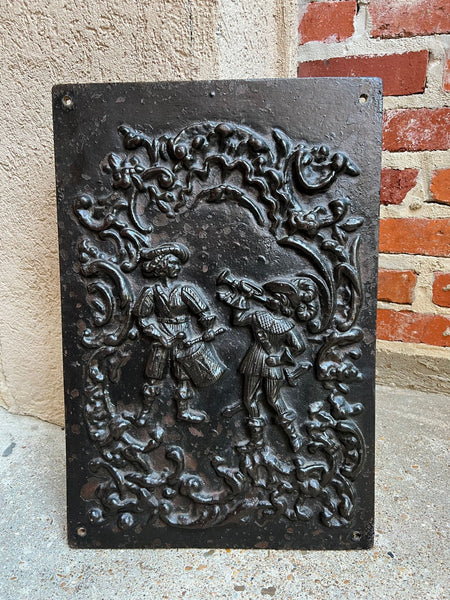 Antique English Fireback Cast Iron Hearth Panel Kitchen Backsplash Floral Music