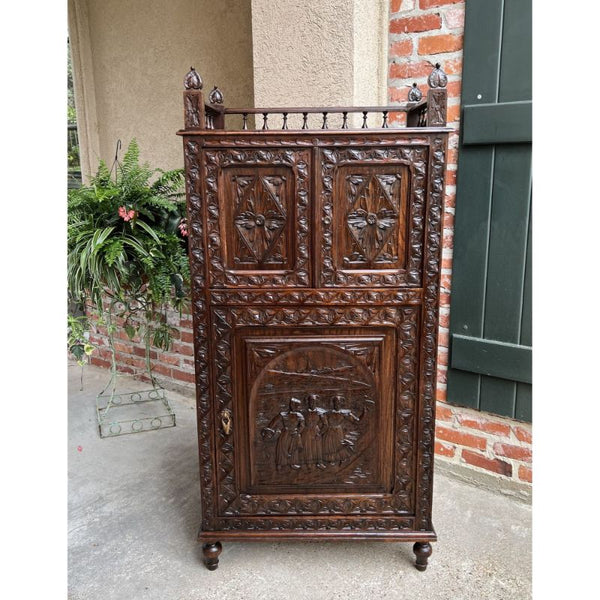 Antique French Carved Chestnut Cabinet Bonnetiere Armoire Breton Brittany