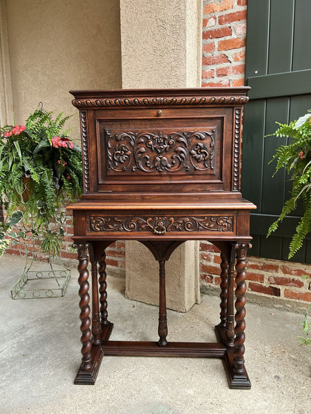 19th century French Carved Secretary Petite Writing Desk Barley Twist Louis XIII