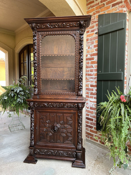 19th century French Bookcase Cabinet Carved Oak Black Forest Renaissance Display
