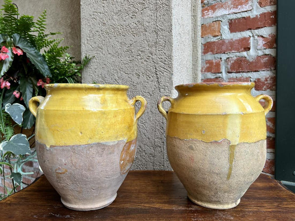 19th century PAIR Set 2 French Confit Pot Yellow Glazed Pottery Provincial
