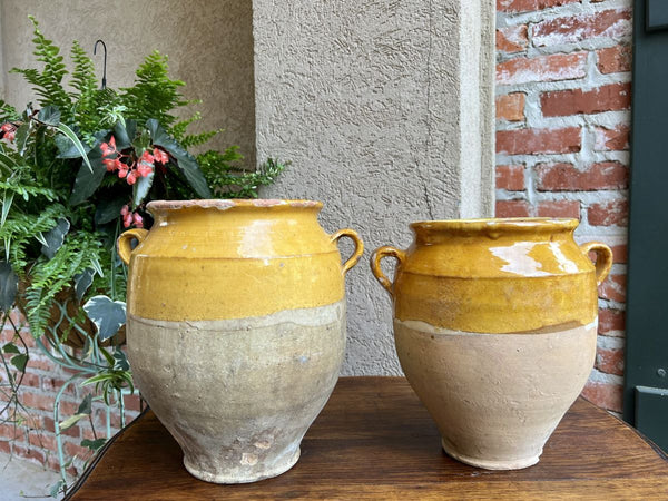19th century PAIR Set 2 French Confit Pot Yellow Glazed Pottery Provincial