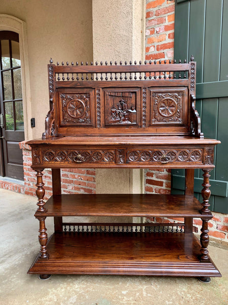19th century  French Carved Oak Server Sideboard Display Breton Brittany Marble