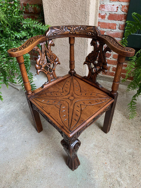 Antique French Carved Oak Corner Arm Chair Renaissance Louis XIV style