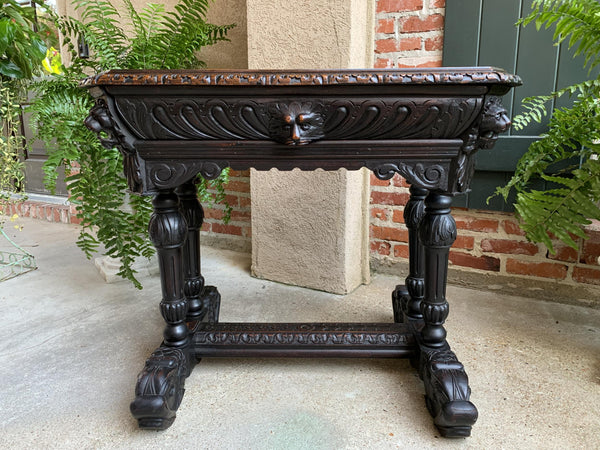 Antique Petite French Carved Oak Dolphin Table Desk Renaissance Gothic 19th c