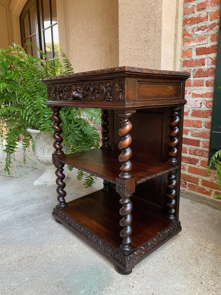 Antique French Carved Oak Petite Bookcase Server Barley Twist Display Louis XIII