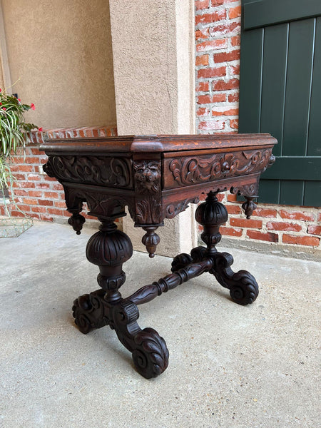 19th century Petite English Sofa Table Library Desk Renaissance Carved Oak