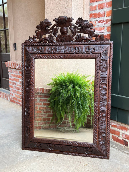 Antique French Pier Wall Mirror Renaissance Black Forest Lion Crest Carved Oak