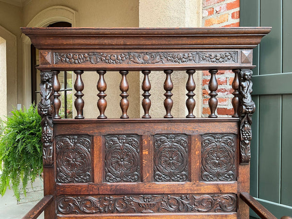 19th century French Hall Bench Settle Renaissance Carved Oak Cherub Black Forest