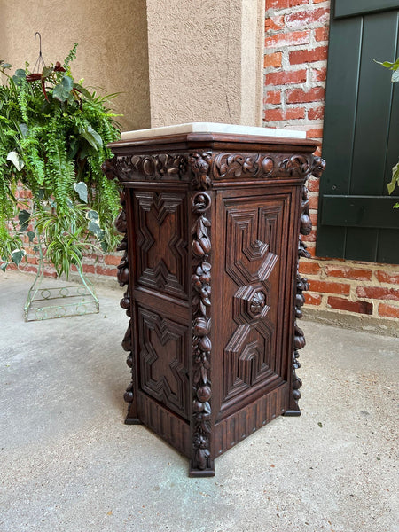 19th century French Louis XIII Cabinet Pedestal Table White Marble Carved Oak