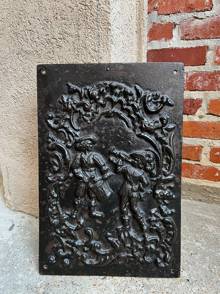 Antique English Fireback Cast Iron Hearth Panel Kitchen Backsplash Floral Music