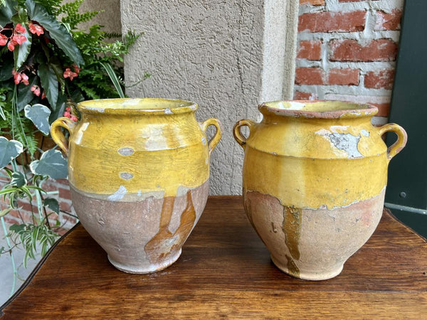 19th century PAIR Set 2 French Confit Pot Yellow Glazed Pottery Provincial