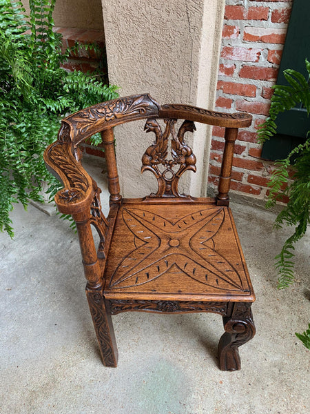 Antique French Carved Oak Corner Arm Chair Renaissance Louis XIV style